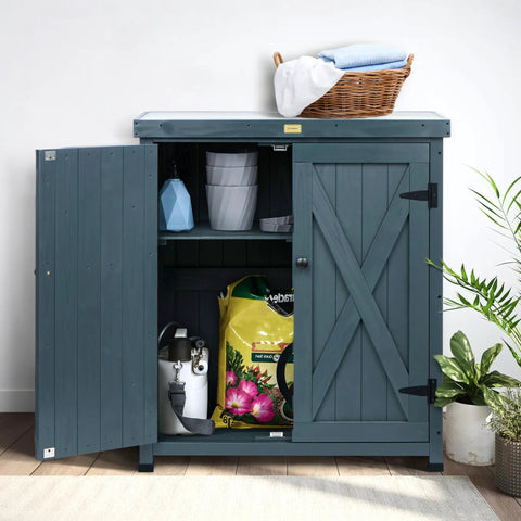 Weatherproof Outdoor Storage Cabinet for Patio and Garden with Shelves and Heavy Duty Metal Tabletop and Wooden Potting Table Workstation Built to Last and Easy Assembly showing opened doors with garden tools inside.