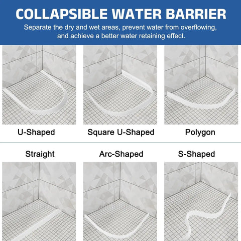 Flexible Shower Water Barrier Edge Guard 118 Inch TPE Splash Stopper in different shapes for dry and wet separation in bathrooms.