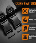 Heavy Duty One Inch Side Release Buckles With Screw Pin For Webbing Straps Two Pack on a dark background showcasing features.