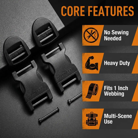 Heavy Duty One Inch Side Release Buckles With Screw Pin For Webbing Straps Two Pack on a dark background showcasing features.