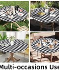 Round Picnic Tablecloth With Elastic Edges Waterproof Fitted Vinyl Cover For 36 to 44 Inch Tables Flannel Back Buffalo Plaid Black And White No Slip Windproof Outdoor Dining