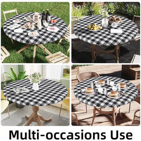 Round Picnic Tablecloth With Elastic Edges Waterproof Fitted Vinyl Cover For 36 to 44 Inch Tables Flannel Back Buffalo Plaid Black And White No Slip Windproof Outdoor Dining