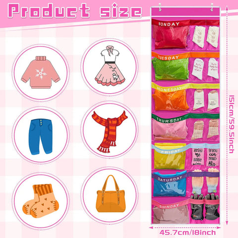 Two Pack Kids Week Clothes Organizer 59.5 By 18 Inch Hanging Closet Organizer with rainbow labeled pockets for each weekday.