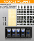 Package includes 4 Gang IP68 Waterproof Rocker Switch Panel For Boats And RVs With DC 12-24V LED Digital Voltmeter And Dual USB QC 3.0 Type C Fast Charging Prewired Toggle Panel For Cars Marine Trucks Blue, stickers