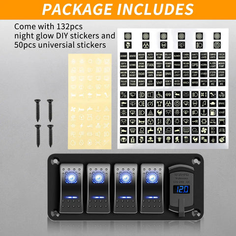 Package includes 4 Gang IP68 Waterproof Rocker Switch Panel For Boats And RVs With DC 12-24V LED Digital Voltmeter And Dual USB QC 3.0 Type C Fast Charging Prewired Toggle Panel For Cars Marine Trucks Blue, stickers