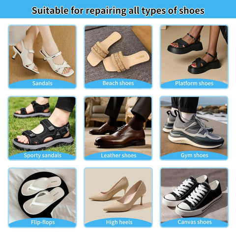 Various types of footwear including sandals, beach shoes, platform shoes, sporty sandals, leather shoes, gym shoes, flip-flops, high heels, and canvas shoes, suitable for Heavy Duty Waterproof Shoe Glue For Sole Repair 60g Clear Adhesive For Sneakers Boots Leather Heels Sandals All Footwear With A Solid Bond To Fix Delaminated Soles Cracked Seams And Detached Heels.
