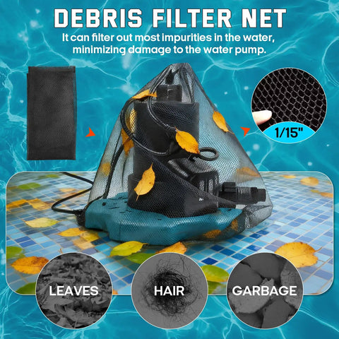 One Third Horsepower Submersible Pool Pump Workhorse With 3035 GPH Flow Filter Net showing debris filter net on leaves and tiles.