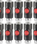 Ten TruFlate Safety Air Coupler Quarter Inch FNPT Automotive Style Quick Connect With Non Marring Composite Body in black and silver.