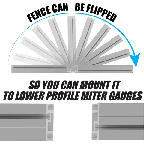 Tough As Nails Aluminum Miter Fence Compatible With Table Saws Featuring Quick Release Flip Stop and Dual Rulers for precision  images showing its adjustable flip feature.