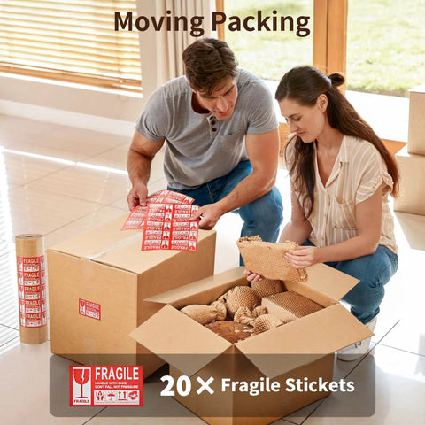 Couple packing with 15 Inch By 213 Foot Honeycomb Packing Paper Bubble Wrap For Packing Shipping And Moving, includes 20 Fragile Sticker Labels