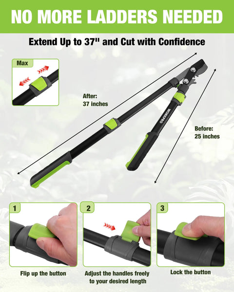 Extendable Bypass Lopper For Gardening One Point Five Inch Cutting Capacity 25 To 37 Inch Telescoping Tree Cutter Heavy Duty Pruning Shear Featuring Gear System And SK5 Blade For Easy Yard Work And Clean Tree Trimming showing handle adjustment and locking mechanism
