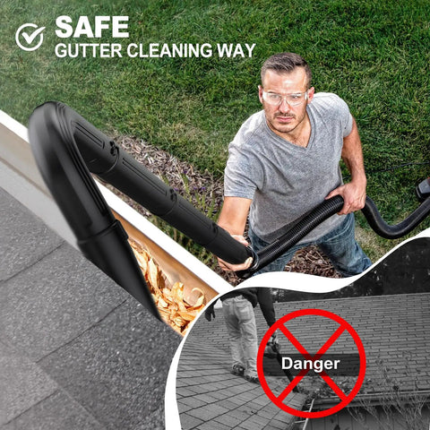 Man using gutter cleaning attachment for 2-1/2 inch shop vac hose on roof, safe debris removal without ladder