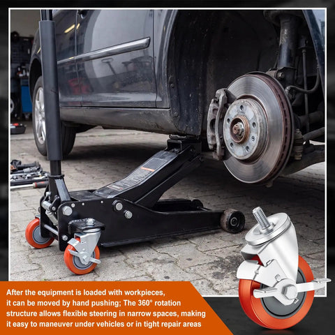 Set Of 4 Transmission Jack Casters 1/2 Inch-13 Red Poly Rotating Threaded Rod Casters With 360 Degree Swivel Wheels in use under car