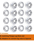 ATV Lockin Lug Nuts Set M10x1.25, 8 nuts and 8 tapered adapters displayed in a grid, works with flat or tapered wheels.