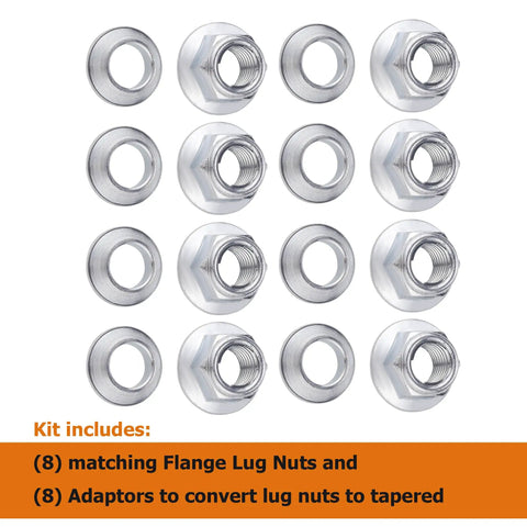 ATV Lockin Lug Nuts Set M10x1.25, 8 nuts and 8 tapered adapters displayed in a grid, works with flat or tapered wheels.