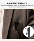O'Pen 3 EDC Pen Light Go-To 4 in 1 clipped in jacket pocket, bolt-action design, USB-C rechargeable flashlight visible