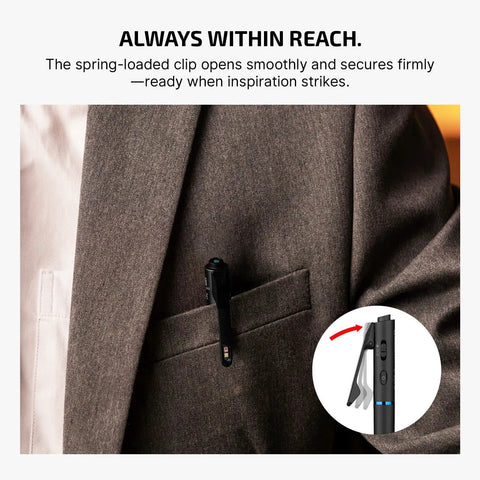 O'Pen 3 EDC Pen Light Go-To 4 in 1 clipped in jacket pocket, bolt-action design, USB-C rechargeable flashlight visible