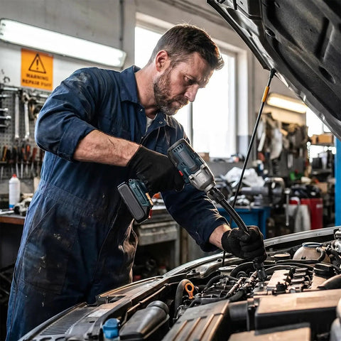 One Half Inch Flexible Shaft Extension With Universal Wrench Adapter Set 10 Inch And 14 Inch Heavy Duty Chrome Vanadium Tool in use by mechanic.
