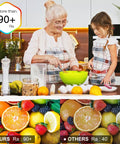 Two women cooking with vibrant fruits in kitchen, showcasing Ra 90+ color accuracy comparison of Warm White Cob LED Strip Light 2700K 10m.