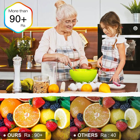 Two women cooking with vibrant fruits in kitchen, showcasing Ra 90+ color accuracy comparison of Warm White Cob LED Strip Light 2700K 10m.
