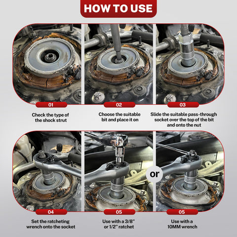 BILITOOLS 50pc shock absorber strut nut socket set; multi-view: front/close-up step-by-step installation with ratchet.