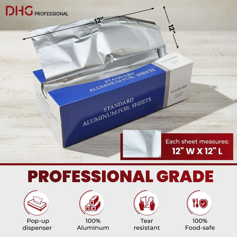 Pre Cut Aluminum Foil Sheets 12x12 Pop Up Box Of 500 for easy food wrapping, 100% aluminum shown in blue pop-up dispenser box side view
