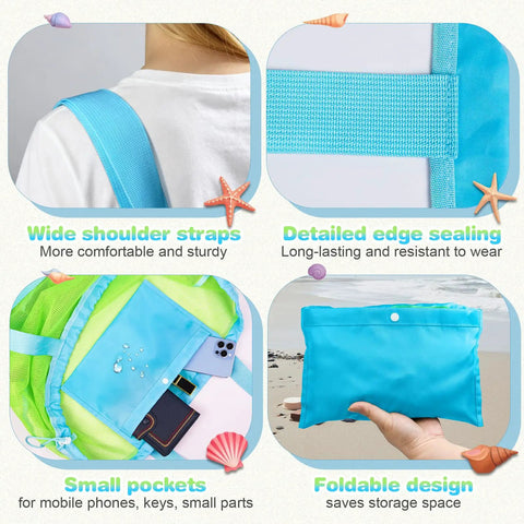 Oversized Mesh Beach Bag For Sand Toys And Pool Essentials 26 Inch Tote with wide straps, detailed edges, pockets, and foldable design