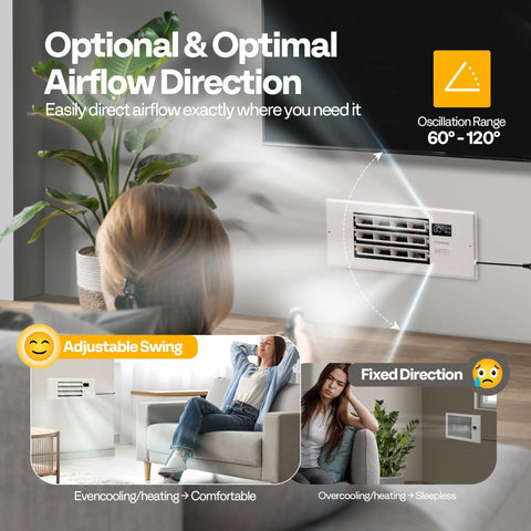 All In One Register Booster Vent Fan with Smart Thermostat and Remote, 6x10 In Opening, white vent fan with adjustable louver in room.