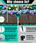 Comparison of garden edging spikes showing toughness and design features on soil with flowers, highlighting differences.