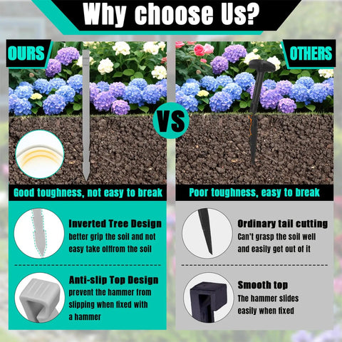 Comparison of garden edging spikes showing toughness and design features on soil with flowers, highlighting differences.
