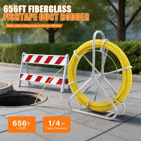 Fiberglass Fish Tape 656 Feet One Quarter Inch Duct Rodder Wire Puller Non Conductive Cable Running Rod With Pro Grade Heavy Duty Steel Reel Stand Minimum Thirteen Inch Bending Radius For Wall And Electrical Conduit Fishing Tool, 656 ft on reel