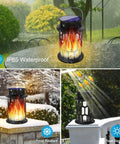 Outdoor Solar Lanterns With Realistic Flickering Flame in garden, snow, and sunlight showcasing waterproof and frost resistance features