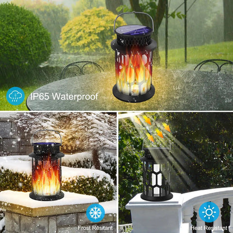 Outdoor Solar Lanterns With Realistic Flickering Flame in garden, snow, and sunlight showcasing waterproof and frost resistance features