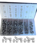 Open box of 110 Piece Metric Grease Fittings Kit M6 M8 M10 with straight and angled zinc-plated steel Zerk fittings for lubrication