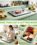 Stainless steel cutting board, large 17x11 inches, double-sided with handles; used for meat, pastry, and charcuterie.