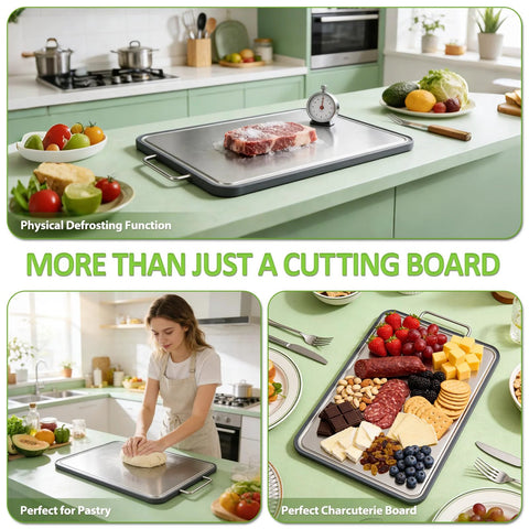 Stainless steel cutting board, large 17x11 inches, double-sided with handles; used for meat, pastry, and charcuterie.