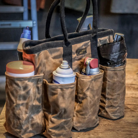 Waxed Canvas Tool Tote Bag for Tools Gardening Cleaning Supplies and Mobile Bar Durable 14 Inch Organizer with Various Items