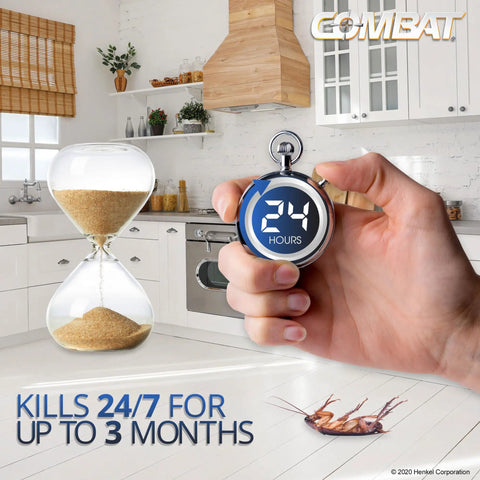 Baddest Roach Killing Gel For Indoor Outdoor Use That Delivers A Straight Up Colony Eradication With A Clean Apply Syringe And Hella Long Lasting Formula To Put These Creepy Goober Bugs To Rest in a kitchen setting with an hourglass and stopwatch.