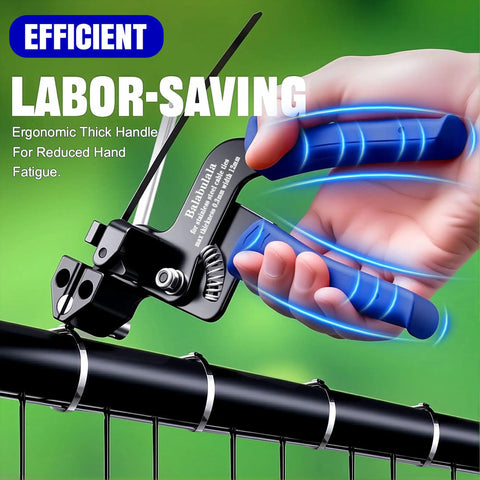 Using Stainless Steel Cable Tie Gun Kit With 400 Heavy Duty Zip Ties For Outdoor Use on a fence, ergonomic handle shown.