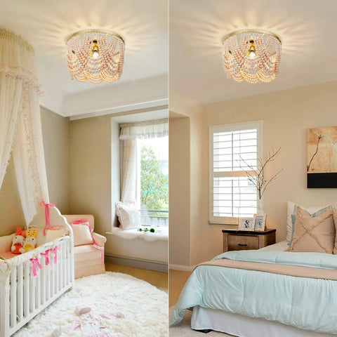 Boho Wood Beaded Chandelier Light Fixture In Gold And Oak Finish Semi Flush Mount Ceiling Light For Nursery Kids Room