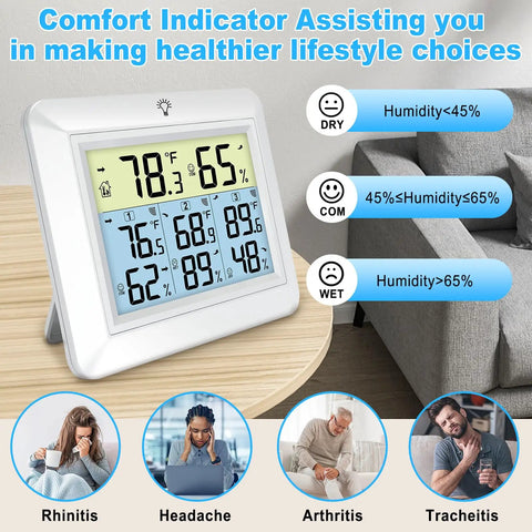 Wireless Indoor Outdoor Thermometer With 3 Remote Sensors And 1 Main Console monitoring temperature and humidity.