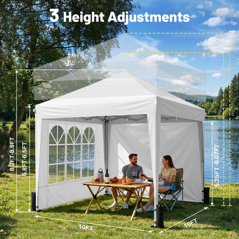 Easy Up 10x10 Pop Up Canopy With Sidewalls One Push Instant Setup In A Snap No Tools Needed shown with 3 height settings
