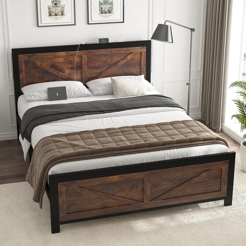 Badass Industrial Queen Bed Frame With Rustic Barn Headboard, Dual App Controlled Rgb Lighting, Built In Usb Plugs, Rock Solid Slats, Seriously Silent Sleep, Dead Simple Assembly, Total Bedroom Glow Up in cozy bedroom setting.