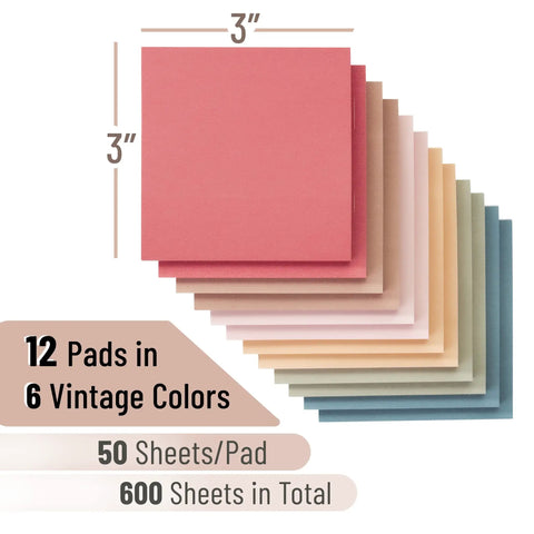 Sticky Notes Bulk Pack 3x3 Inches 12 Pads 600 Sheets Vintage Colors Self Stick Note Pads for office, school, and home use.