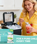 Woman using Ice Maker Cleaner Tablets 36 Pack Nugget Ice Machine Descaler For Countertop in kitchen