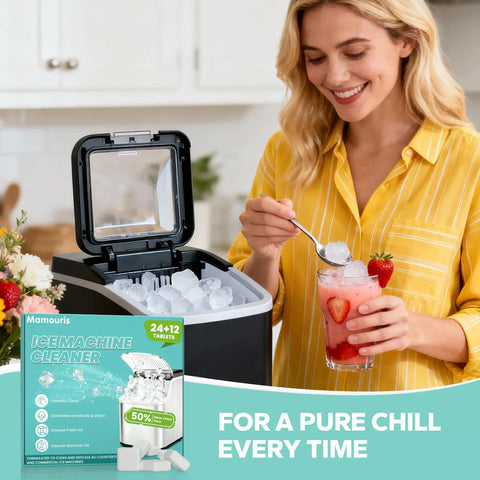 Woman using Ice Maker Cleaner Tablets 36 Pack Nugget Ice Machine Descaler For Countertop in kitchen