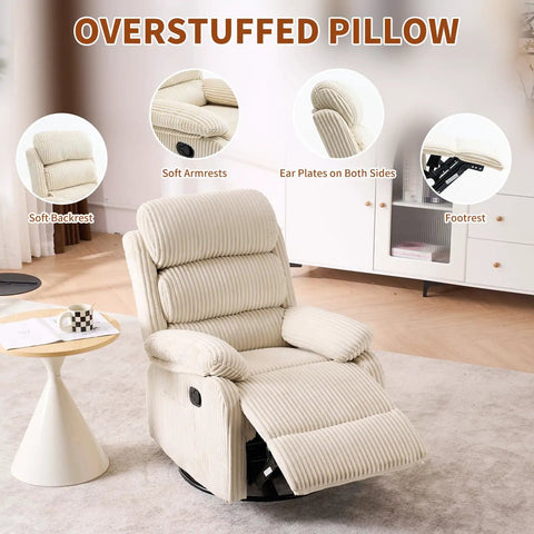 360 Degree Rocking Recliner Chair With Footrest And Side Pocket, beige velvet, cushioned and overstuffed in living room setting.