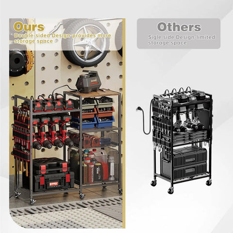 Heavy Duty Power Tool Organizer Cart With Charging Station On Wheels 8 Outlets And 8 Slots Cordless Drill Holder With Drawers