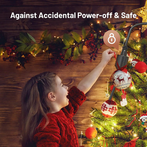 Child using Six Foot Indoor Outdoor Extension Cord With Flat Plug Locking 35 Degree Plug Three Prong Grounded 16 AWG 125V 1625W UL Listed Black Workhorse For Tools And Outdoor Gear to decorate Christmas tree