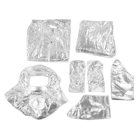 Heavy Duty Aluminum Foil Heat Insulated Suit Takes The Heat At 1200 Degrees Fire Retardant Industrial Safety Gear ensemble pieces laid out.